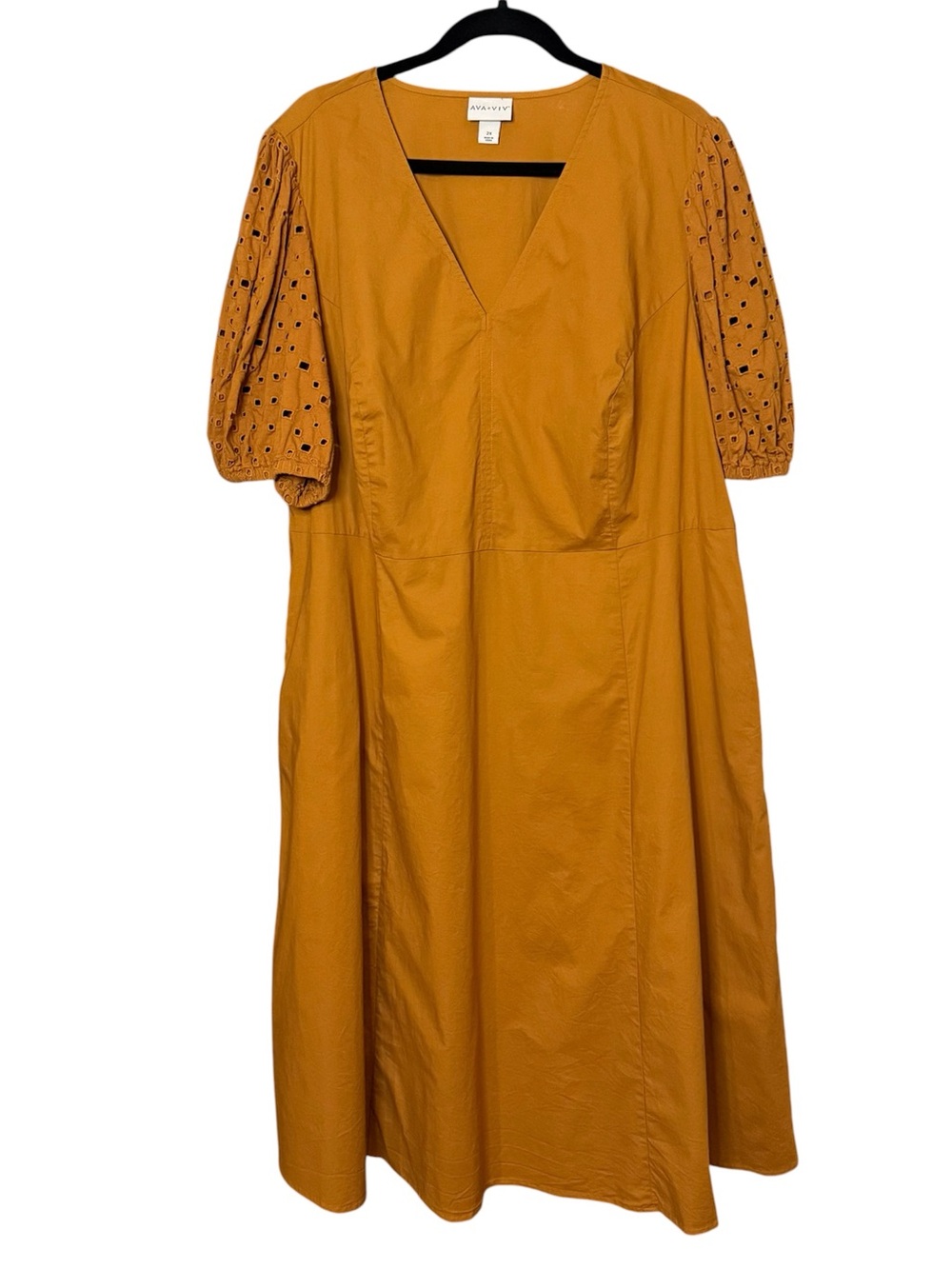 Ava & Viv Mustard Eyelet Puff-Sleeve V-Neck Midi Dress